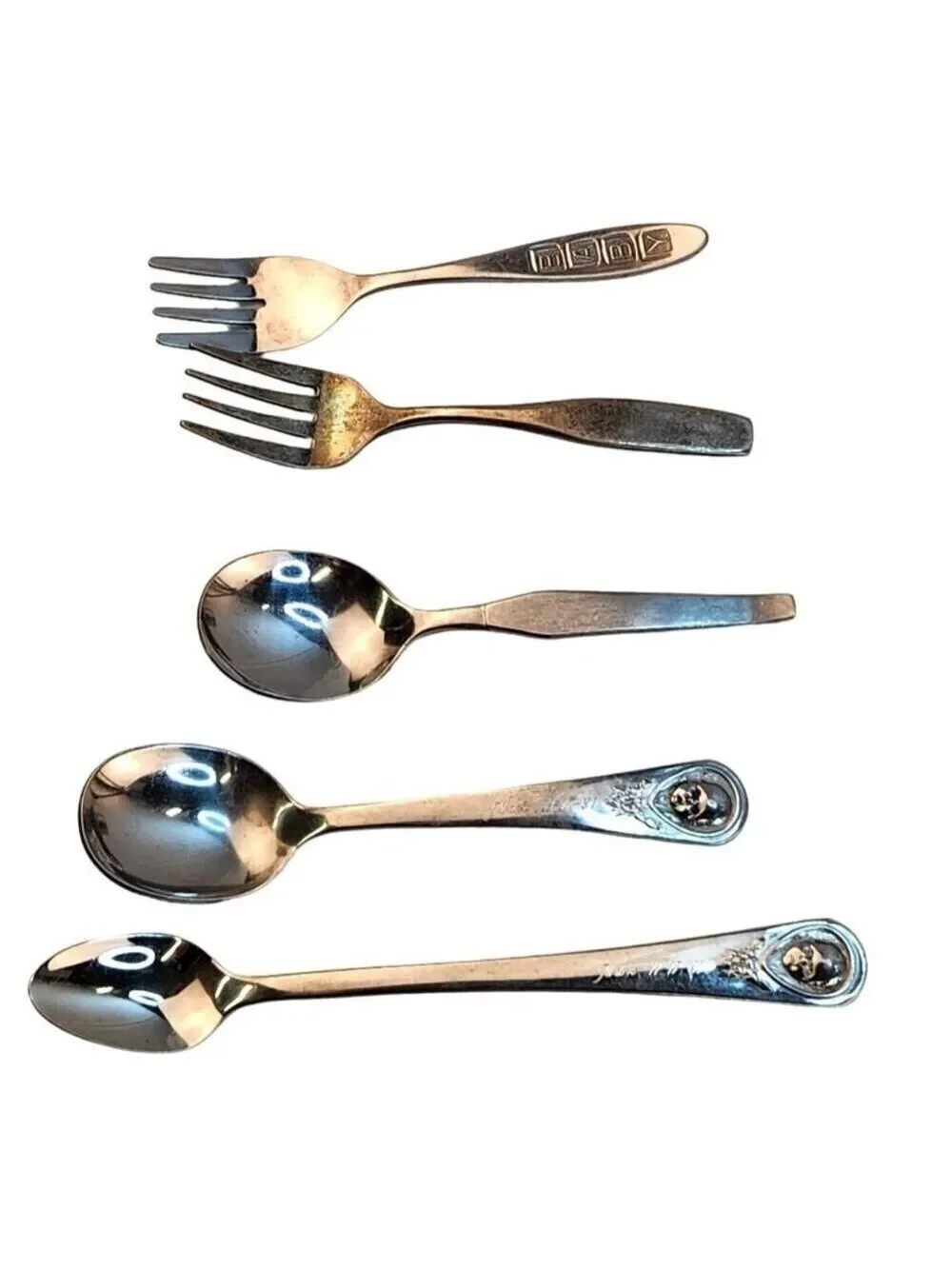 Vintage Baby Utensils Set 5 Teaspoons Forks Silver Stainless